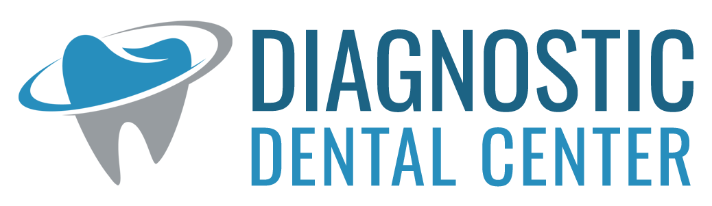 The image displays a logo for the Diagnostic Dental Center with a stylized graphic of a tooth and a circular design above it, featuring a partial view of a planet or globe.